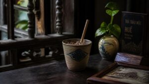 Ống hút nhựa sinh học mộc mạc trong ly trà tại quán cafe Huế