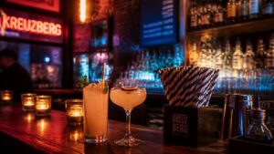 Atmospheric bar counter in Kreuzberg, Berlin displaying a container of paper straws
