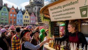 Cologne Karneval street celebration in Germany with festive crowds and paper straws