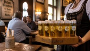 Traditional Brauhaus interior in Cologne, Germany with Kölsch Stangen glasses