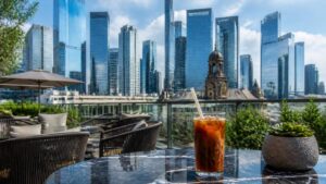 Frankfurt financial district skyline and skyscraper view from a corporate cafe terrace with paper straws