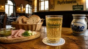 Traditional Gerippte glass of Apfelwein in a Sachsenhausen tavern in Frankfurt, Germany