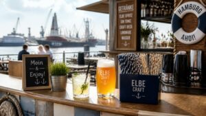 Outdoor bar counter along the Hamburg harbor waterfront displaying paper straws