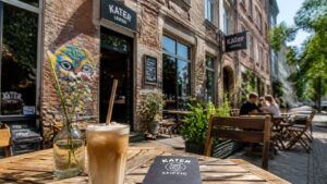 Bohemian independent café in Plagwitz, Leipzig, Germany with an iced drink and paper straw