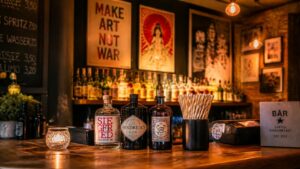 Alternative independent bar counter in Südvorstadt, Leipzig displaying paper straws