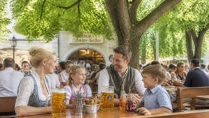 Traditional Bavarian beer garden in Munich, Germany with glass steins and family tables