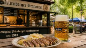 Traditional Nürnberger Rostbratwurst and beer in Nuremberg, Germany