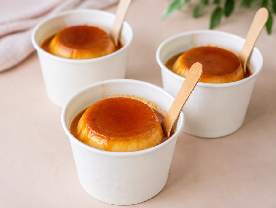 Bánh flan đựng trong cốc giấy mang đi