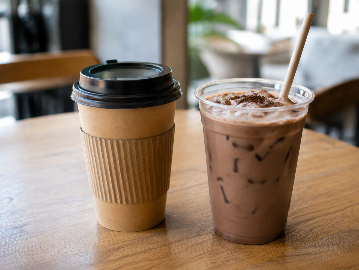 Cacao nóng và cacao đá trong ly giấy mang đi