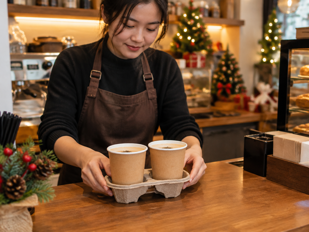 Nhân viên quán đặt nhiều ly giấy vào khay cho đơn nhóm ở Bình Dương