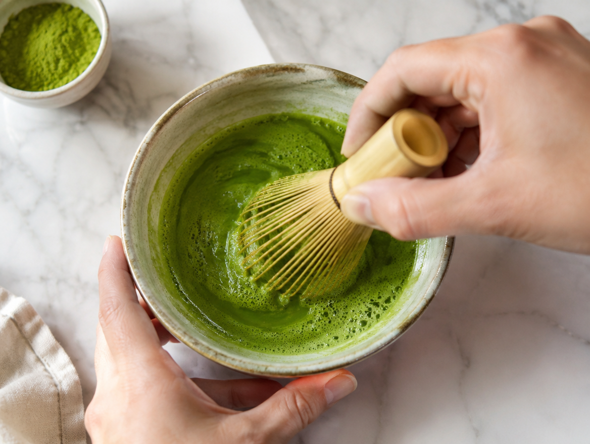 Đánh tan bột matcha với nước nóng bằng cọ tre
