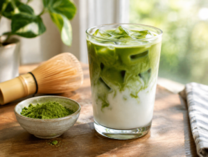 Ly matcha latte đá với lớp matcha xanh và sữa trắng