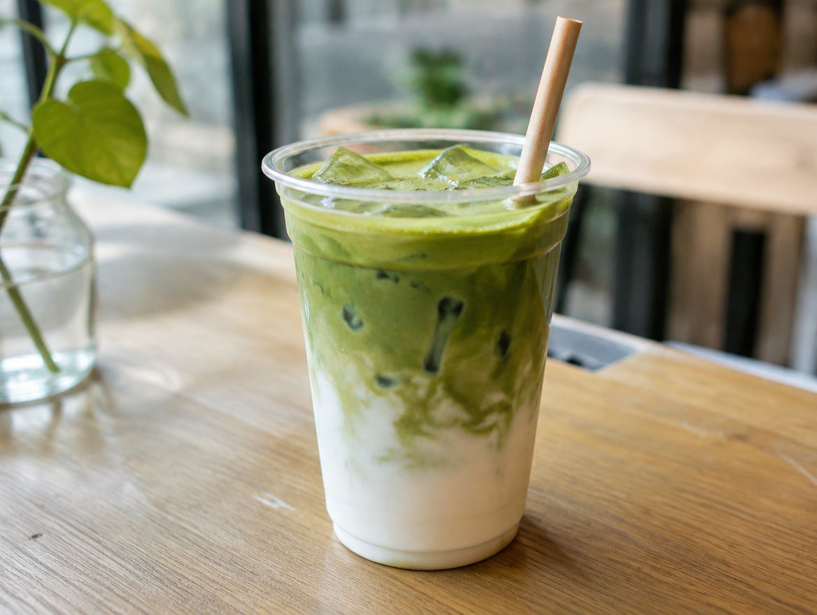 Matcha latte đá trong ly giấy với ống hút giấy