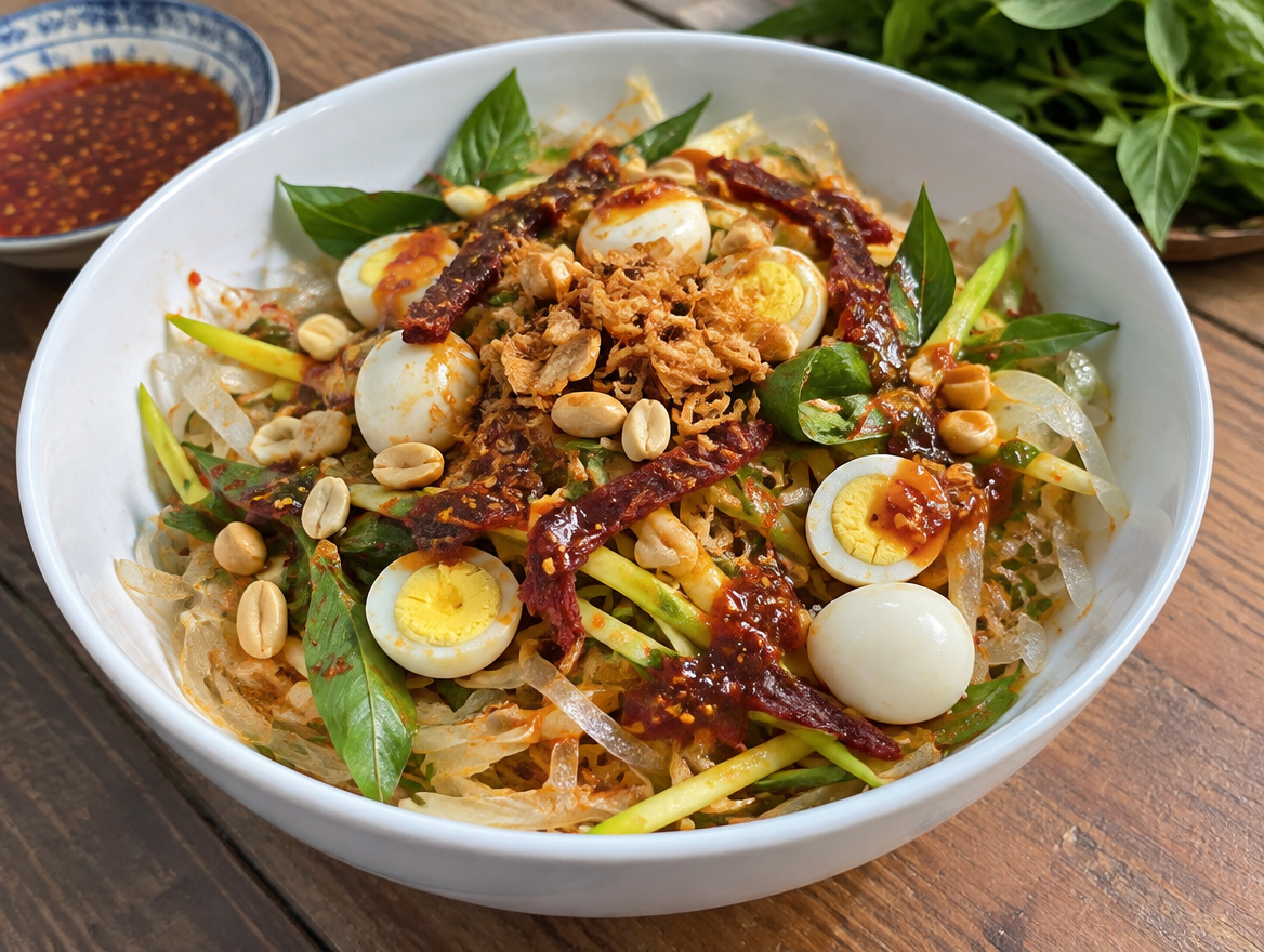 Bánh tráng trộn tại nhà với trứng cút, khô bò, xoài xanh