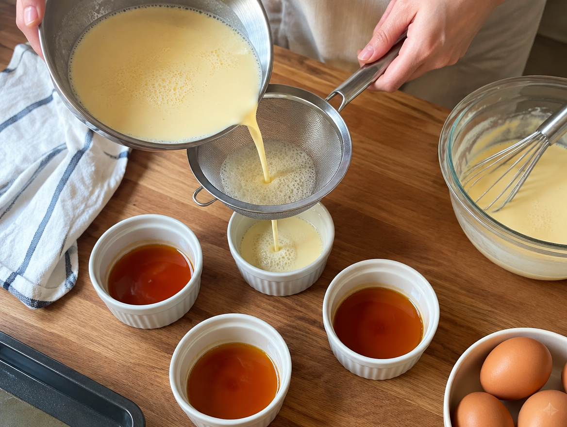 Lọc hỗn hợp trứng sữa vào khuôn caramel